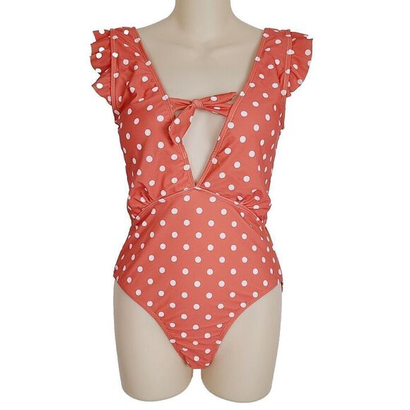 NEW Marina West Swimsuit M Coral Orange Polka Dot Deep V Ruffle Sleeve One Piece - Picture 2 of 8